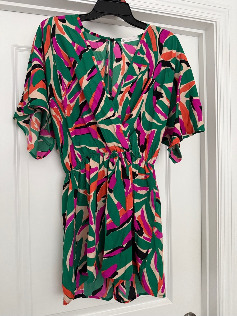 Abstract-Print Green Short Romper with Pink & Orange Accents